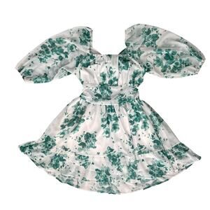 Fit & Flare Swiftie Dress Sz XL Green White Lantern Sleeves Ruffle Stretch Waist